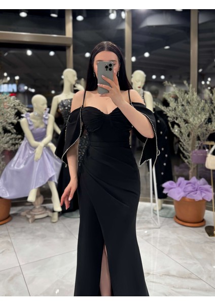 Liviya Kol Detaylı Uzun Boy Abiye Elbise Siyah modelleri