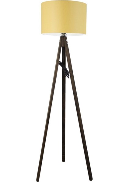 Rustik Ahşap 3 Ayak Koyu Kahverengi Tripod Lambader Hardal Slindir Şapka