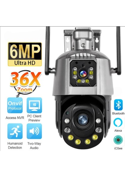 Icsee 6 Mp Çift Kameralı 36X Optik Zoom Büyük Kasa Ptz Wifi Kamera