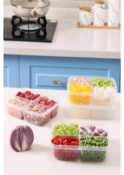 4 Bölmeli Kapaklı Kahvaltılık Sebze Saklama Kabı Öğünlük Buzdolabı Düzenleyici 2 Adet 250 ml Şeffaf