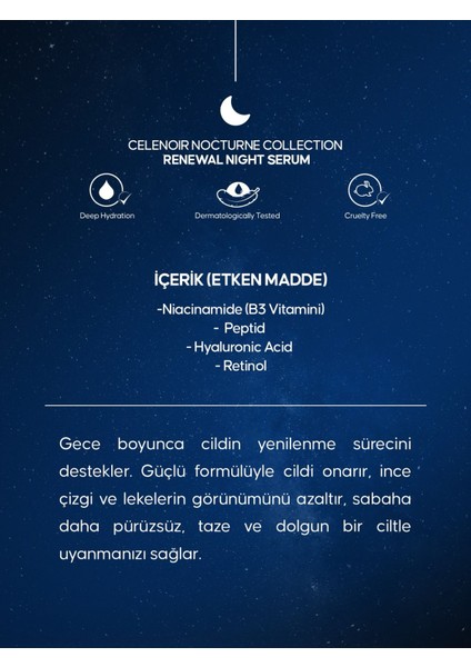 Nocturne Yenileyici Gece Serumu – Retinol Peptid ve Hyaluronik Asit Yoğun Onarıcı Bakım 30ML