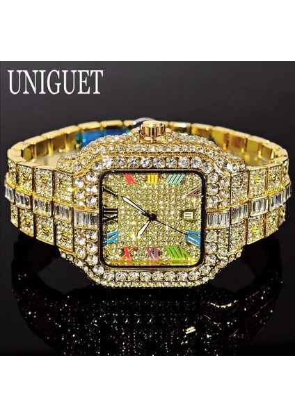 2025 Lüks Elmas Taşlı Erkekler Için Gökkuşağı Kadranlı Takvim Kuvars Saatler Out Kol Saati Kadın Saat Lüks fiyatları