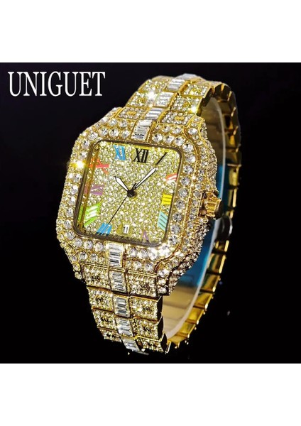 2025 Lüks Elmas Taşlı Erkekler Için Gökkuşağı Kadranlı Takvim Kuvars Saatler Out Kol Saati Kadın Saat Lüks indirimleri