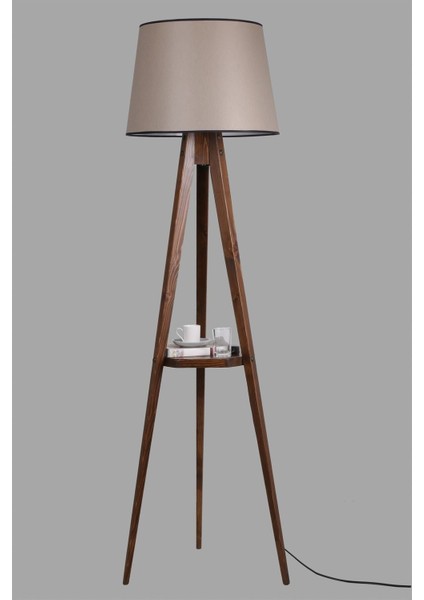 Sehbalı Tripod Ceviz Lambader Silindir Koyu Gri Abajurlu