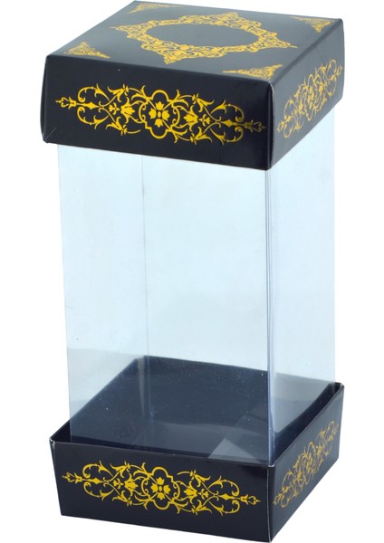 Hediyelik Alt Üst Karton Kapak Siyah Gold Varaklı Arası Asetat Kutu (8CMX8CMX16.5CM)