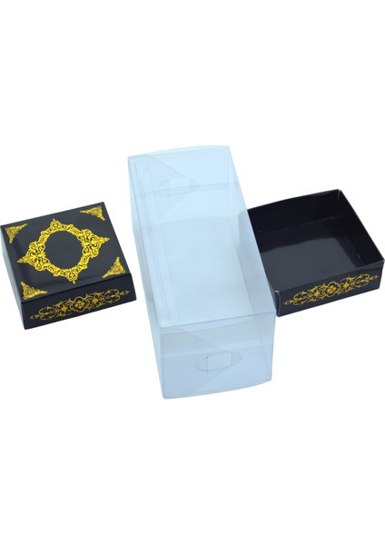Hediyelik Alt Üst Karton Kapak Siyah Gold Varaklı Arası Asetat Kutu (8CMX8CMX16.5CM)