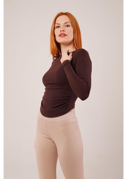 Yaka Detay Uzun Kollu Basic Kahverengi Bluz