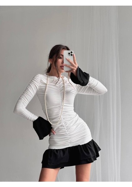 Fırfır Detaylı Drapeli Mini Elbise