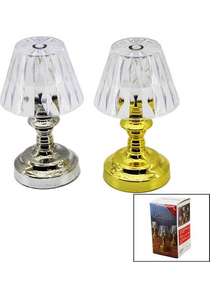 Pilli Mini Klasik Model LED Abajur Mika Kristal Başlık - Gold - Krom Ayak (4401)