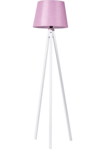 3 Ayaklı Ahşap Lambader Tripod Ayak Abajur Konik Kumaş Pembe Beyaz