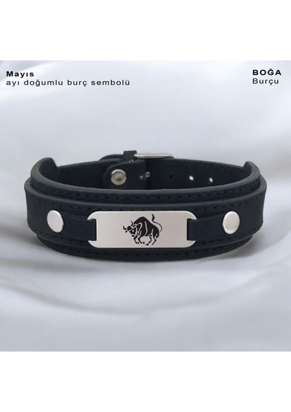 Derili 925 Ayar Gümüş Plakalı Erkeklere Özel Oval Motifli Burç Bilekliği-421BURÇ-Siyah
