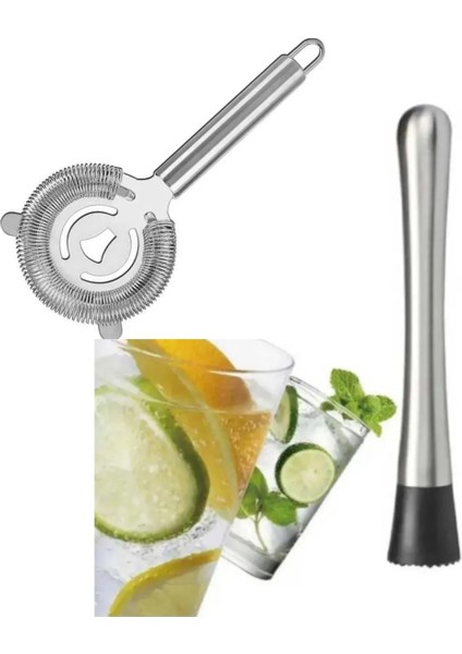 Mojito Tokmağı Dişli Siyah ve Bar Süzgeci 2li Kokteyl Süzgeci Tokmak Bar Tipi Mojito Şeker Ezme
