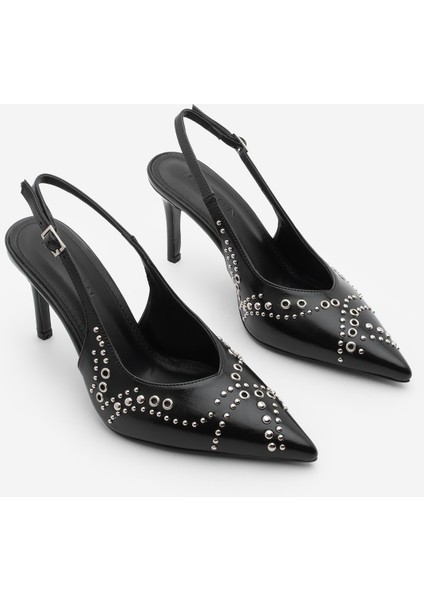 Kadın Stiletto Sivri Burun Troklu Zımbalı Arkası Açık Atkılı Topuklu Ayakkabı Lorfi