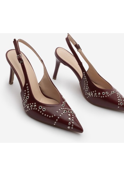 Kadın Stiletto Sivri Burun Troklu Zımbalı Arkası Açık Atkılı Topuklu Ayakkabı Lorfi