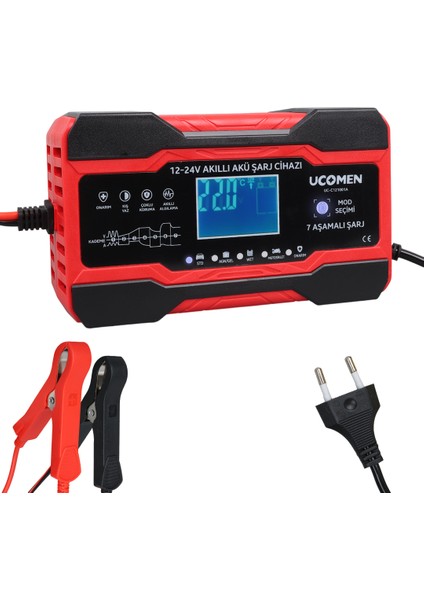 Kırmızı 12/24 Volt 10 Amper LED Göstergeli Akü Şarj Cihazı