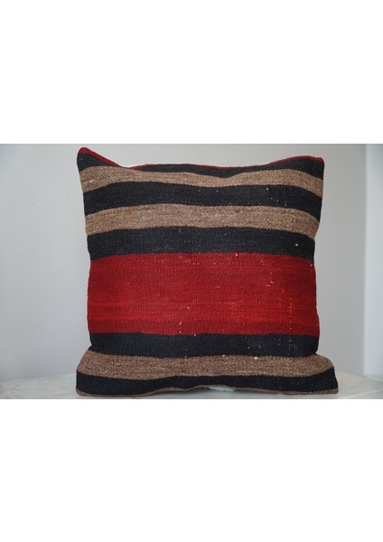 40 x 40 El Yapımı Vintage Kırmızı Siyah Kilim Yastık Kılıfı, Bohem Dekoratif Yastık, Harika Ev Dekoru