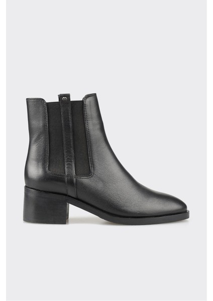 Siyah Deri Kadın Topuklu Bot