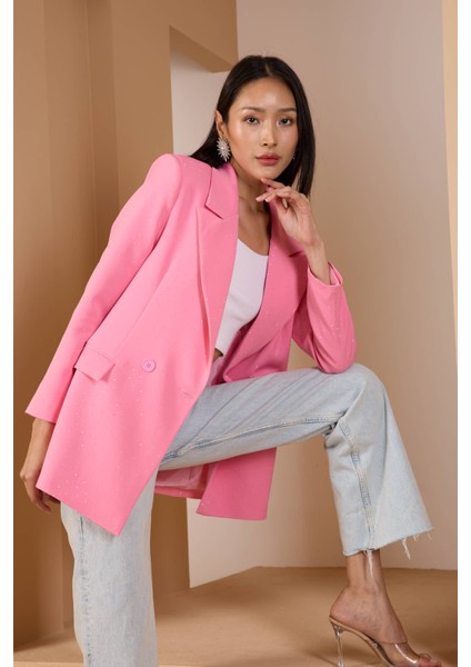 Pembe Regular Dokuma Astarlı Taş Detaylı Blazer Ceket