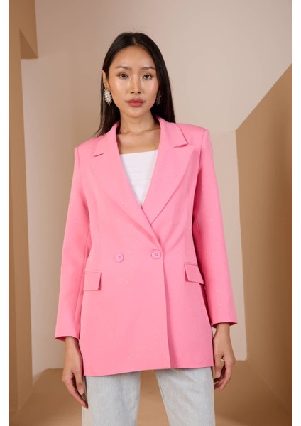 Pembe Regular Dokuma Astarlı Taş Detaylı Blazer Ceket
