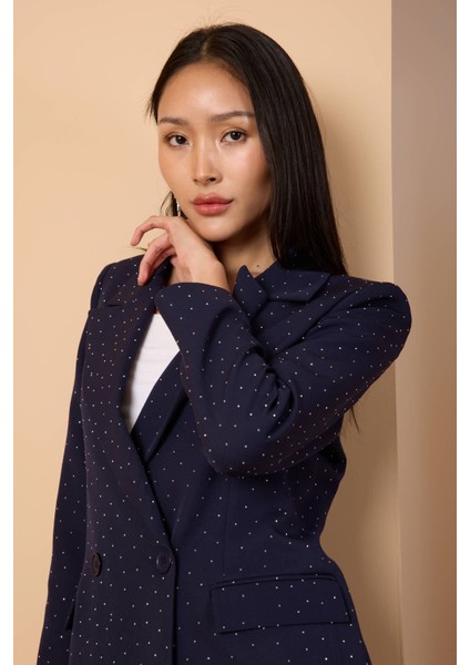 Lacivert Regular Dokuma Astarlı Taş Detaylı Blazer Ceket
