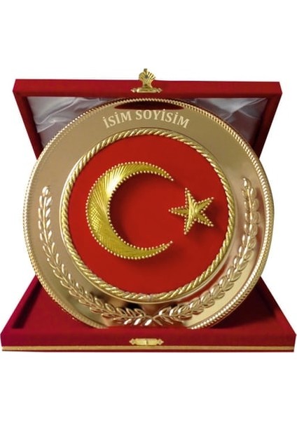 Ayyıldız Türk Bayraklı Filografi Işlemeli Metal Tabak Plaket Kadife Kutulu