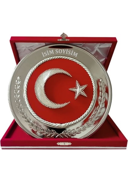 Ayyıldız Türk Bayraklı Filografi Işlemeli Metal Tabak Plaket Kadife Kutulu