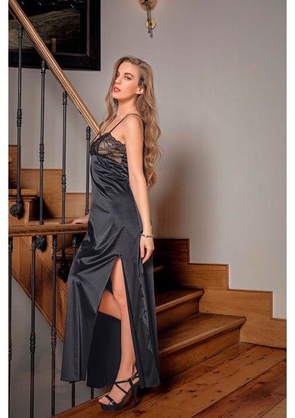Dantelli Uzun Yırtmaçlı Saten Gecelik Elbise String Takım Siyah (MGP31512)
