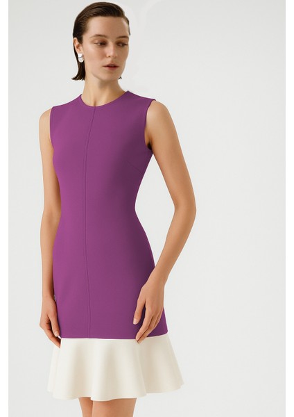 Mor Eteği Fırfırlı Kolsuz Mini Elbise fiyatları