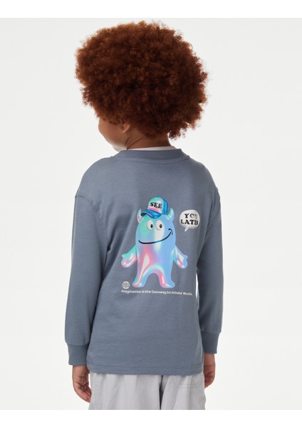 Saf Pamuklu Canavar Desenli Sweatshirt (2-8 Yaş)