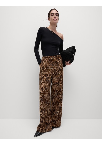 Leopar Desenli Wide Leg Pantolon
