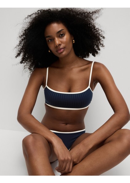 Ribanalı Kontrast Detaylı Yuvarlak Yaka Bikini Üstü