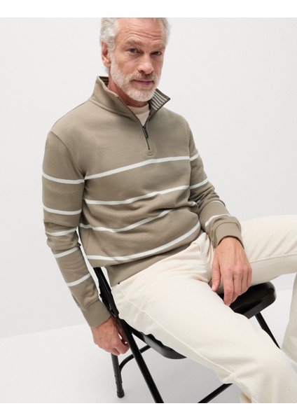 Saf Pamuklu Çizgili Yarım Fermuarlı Sweatshirt