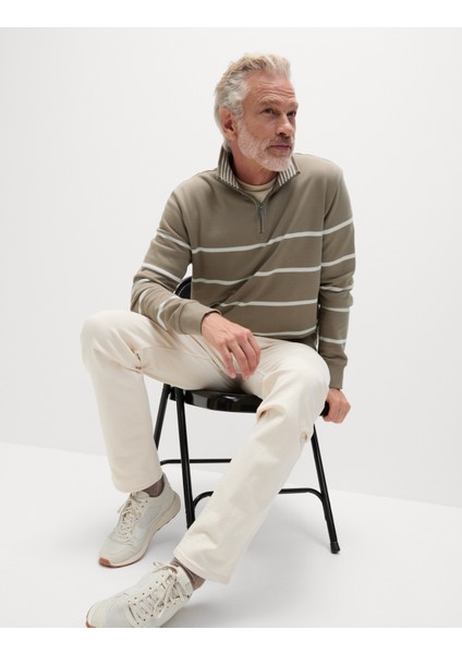 Saf Pamuklu Çizgili Yarım Fermuarlı Sweatshirt