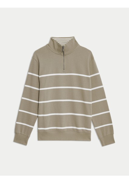 Saf Pamuklu Çizgili Yarım Fermuarlı Sweatshirt
