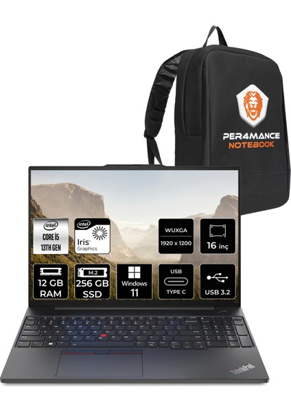 Thinkpad E16 Intel Core I5 1335U 12GB 256GB SSD 16" Fhd+ Windows 11 HomeTaşınabilir Bilgisayar & Per4 Çanta 21JN0008TXP319
