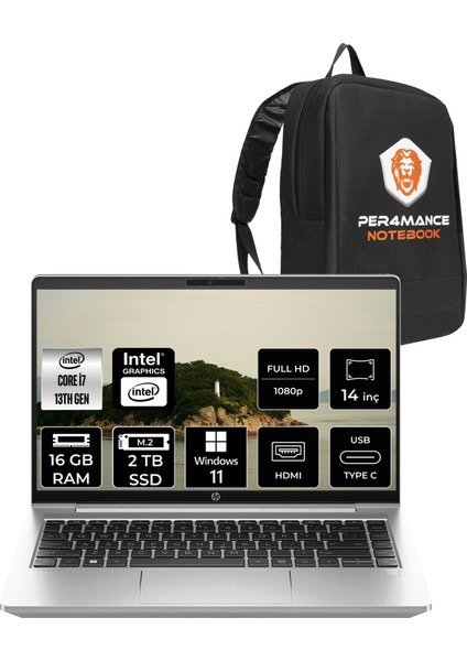 Probook 440 G10 Intel Core I7 1355U 16GB 2tb SSD 14" Fhd Windows 11 Home Taşınabilir Bilgisayar & Per4 Çanta 725Q6EAPN314