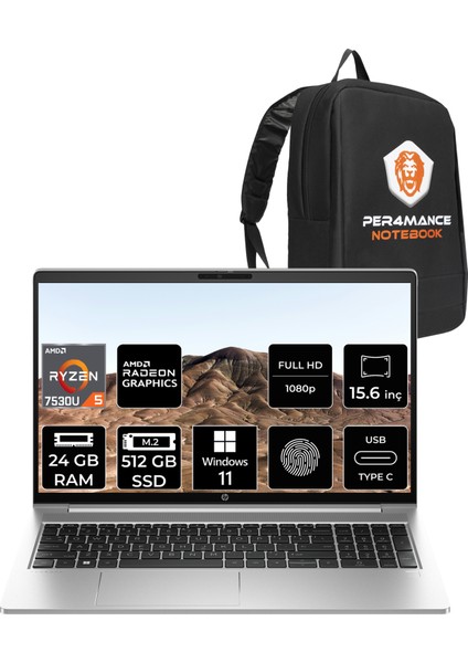 Probook 455 G10 Amd Ryzen 5 7530U 24GB 512GB SSD 15.6" Fhd Windows 11 Pro Taşınabilir Bilgisayar & Per4 Çanta 854S1ESPN422
