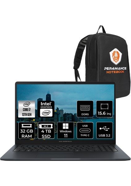Expertbook B1 Intel Core I7 1355U 32GB 4tb SSD 15.6" Fhd W11H Taşınabilir Bilgisayar & Per4 Çanta B1503I716G512B1DP360
