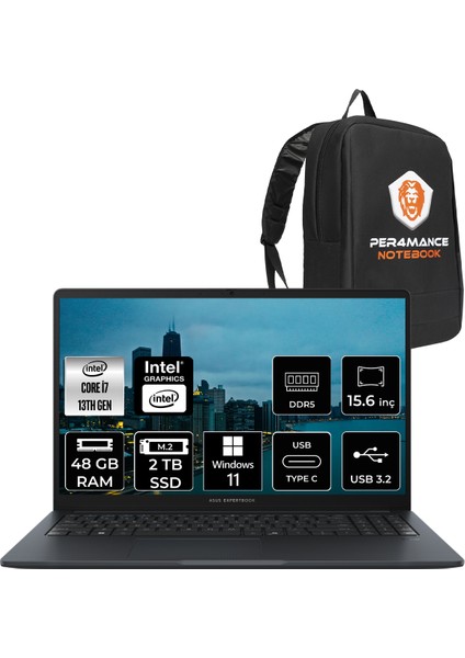 Expertbook B1 Intel Core I7 1355U 48GB 2tb SSD 15.6" Fhd W11P Taşınabilir Bilgisayar & Per4 Çanta B1503I716G512B1DP409