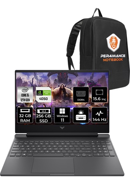 Victus 15 Intel Core I5 12450H 32GB 256GB SSD RTX4050/6GB 15.6" Fhd 144HzWindows 11 Pro Taşınabilir Bilgisayar & Per4 Çanta B10FKEAPN376