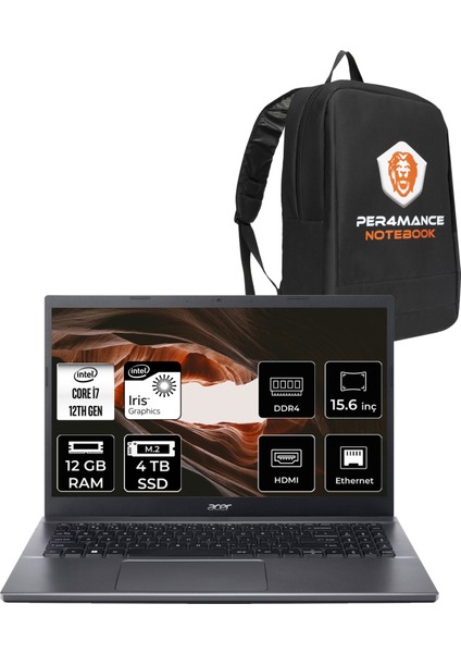 Extensa 15 EX215-55 Intel Core I7 1255U 12GB 4tb SSD 15.6" Fhd Fdos Taşınabilir Bilgisayar & Per4 Çanta NXEGYEY004P310