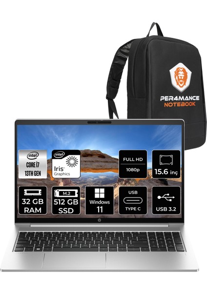 Probook 450 G10 Intel Core I7 1355U 32GB 512GB SSD 15.6" Fhd Windows 11 Home Taşınabilir Bilgisayar & Per4 Çanta 969H2ETPN377