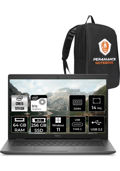 Latitude 3440 Intel Core I5 1335U 64GB 256GB SSD 14" Fhd Windows 11 Home Taşınabilir Bilgisayar & Per4 Çanta N010L344014UP396