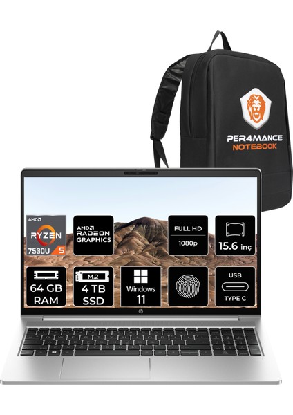 Probook 455 G10 Amd Ryzen 5 7530U 64GB 4tb SSD 15.6" Fhd Windows 11 Home Taşınabilir Bilgisayar & Per4 Çanta 854S1ESPN400
