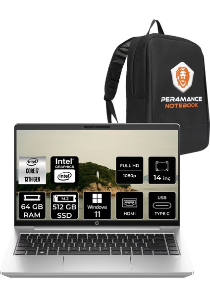Probook 440 G10 Intel Core I7 1355U 64GB 512GB SSD 14" Fhd Windows 11 Pro Taşınabilir Bilgisayar & Per4 Çanta 725Q6EAPN397