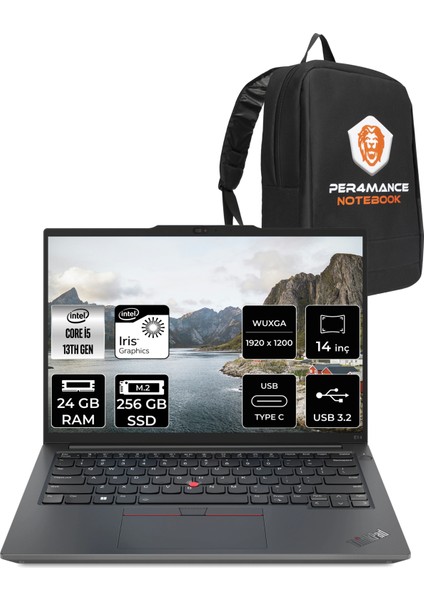 Thinkpad E14 Gen 5 Intel Core I5 1335U 24GB 256GB SSD 14" Fhd+ Fdos Taşınabilir Bilgisayar & Per4 Çanta 21JK0005TXP310