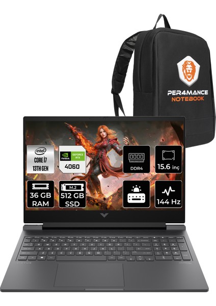 Victus 15 Intel Core I7 13620H 36GB 512GB SSD RTX4060/8GB 15.6" Fhd 144Hz Fdos Taşınabilir Bilgisayar & Per4 Çanta B10FNEAPN332