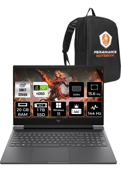 Victus 15 Intel Core I7 13620H 20GB 1tb SSD RTX4060/8GB 15.6" Fhd 144Hz Windows 11 Home Taşınabilir Bilgisayar & Per4 Çanta B10FNEAPN368