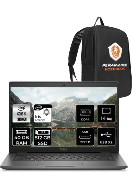 Latitude 3440 Intel Core I5 1335U 40GB 512GB SSD 14" Fhd Fdos Taşınabilir Bilgisayar & Per4 Çanta N010L344014UP337