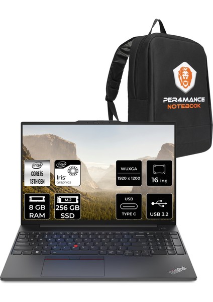 Thinkpad E16 Intel Core I5 13420H 8gb 256GB SSD 16" Fhd+ Fdos Taşınabilir Bilgisayar & Per4 Çanta 21JN00JUTXP301